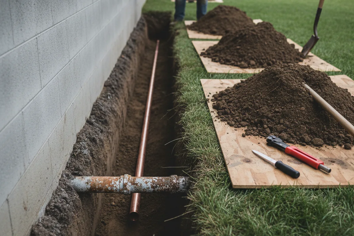 Excavated water line trench during Water Softener Installation in Cedar Bluff